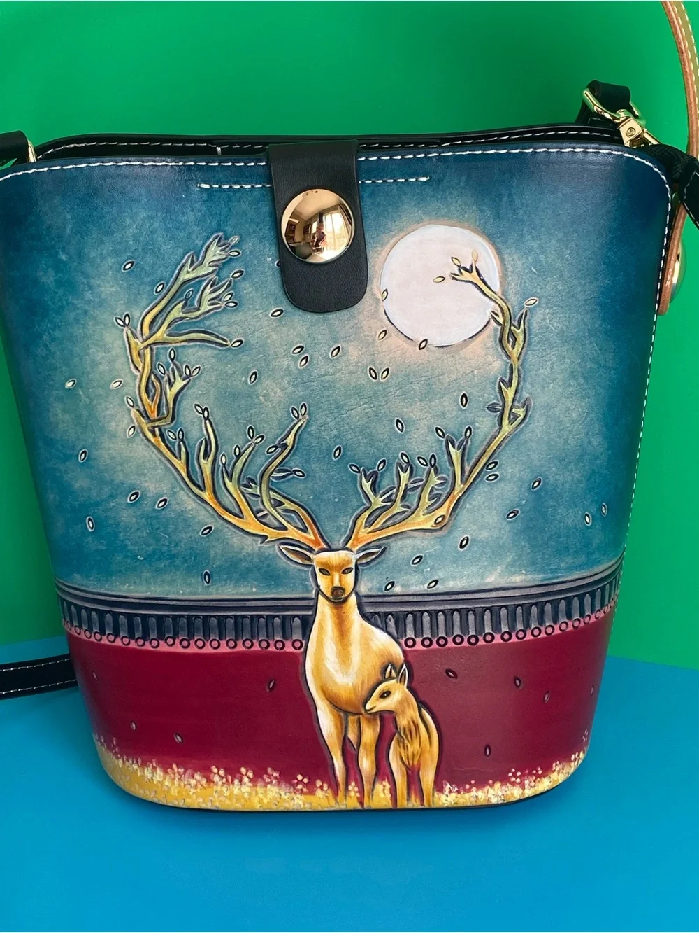 Leather Hand Tooled Hand-Painted Deer Bucket Shoulder Bag in Teal & Burgundy NWT